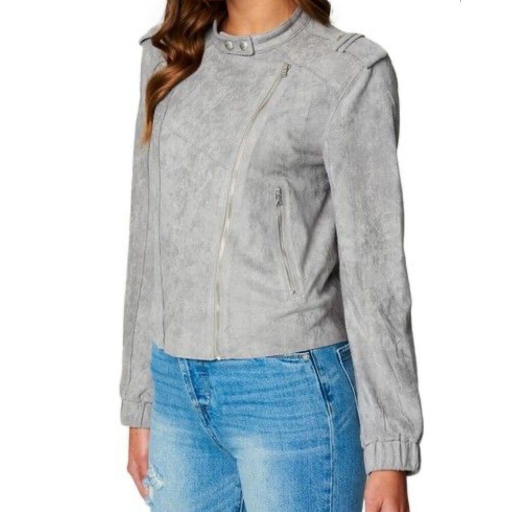 BlankNYC Grey Moto Jacket Faux Suede Bomber Full Zip Stretch Waist Motorcycle XS